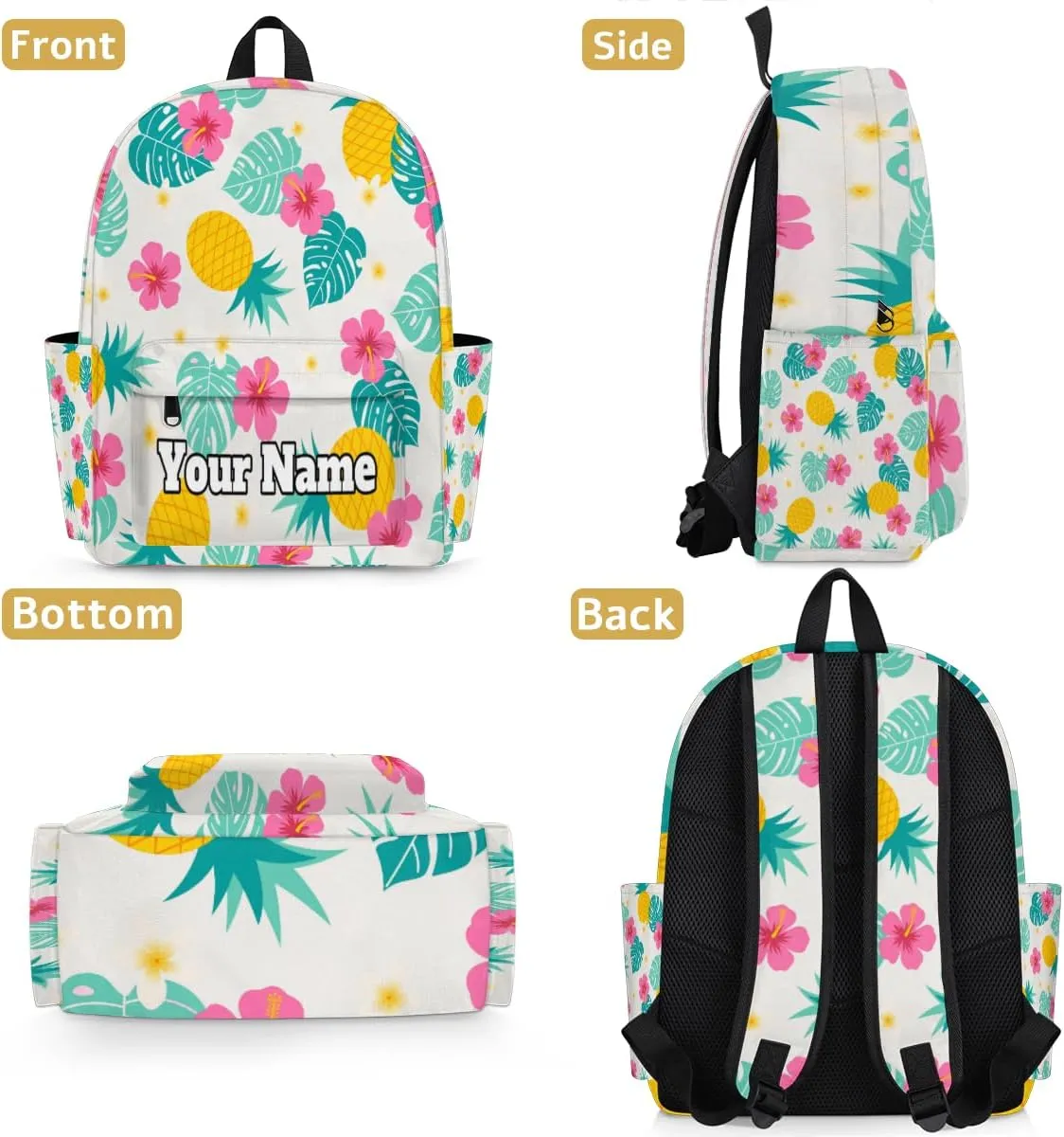 Personalized Tropical Pineapple Preschool Toddler Backpack for Boys Girls Custom Kids Name Small Bookbags Kindergarten Elementary Backpack, Flowers Fruits