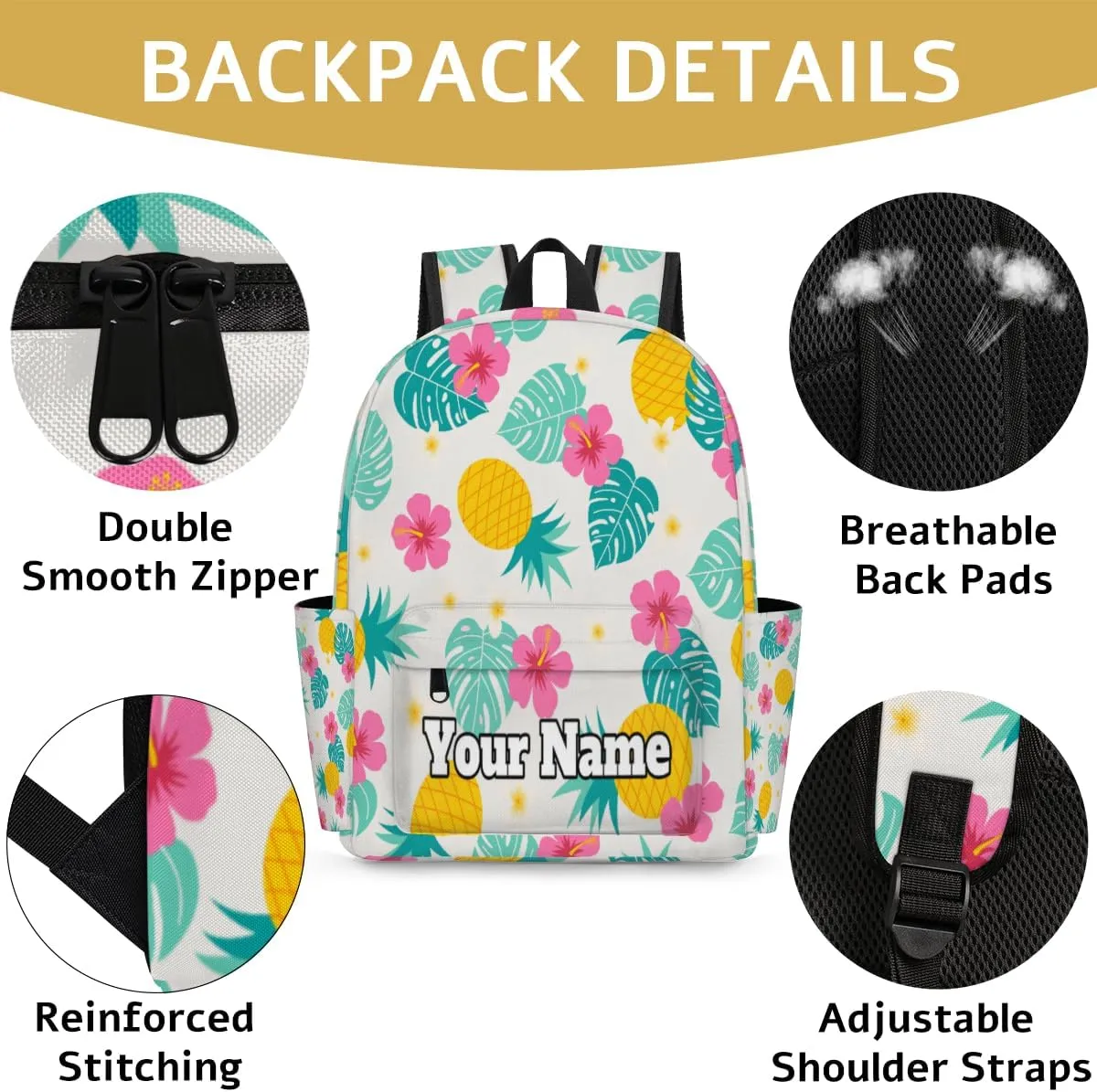 Personalized Tropical Pineapple Preschool Toddler Backpack for Boys Girls Custom Kids Name Small Bookbags Kindergarten Elementary Backpack, Flowers Fruits