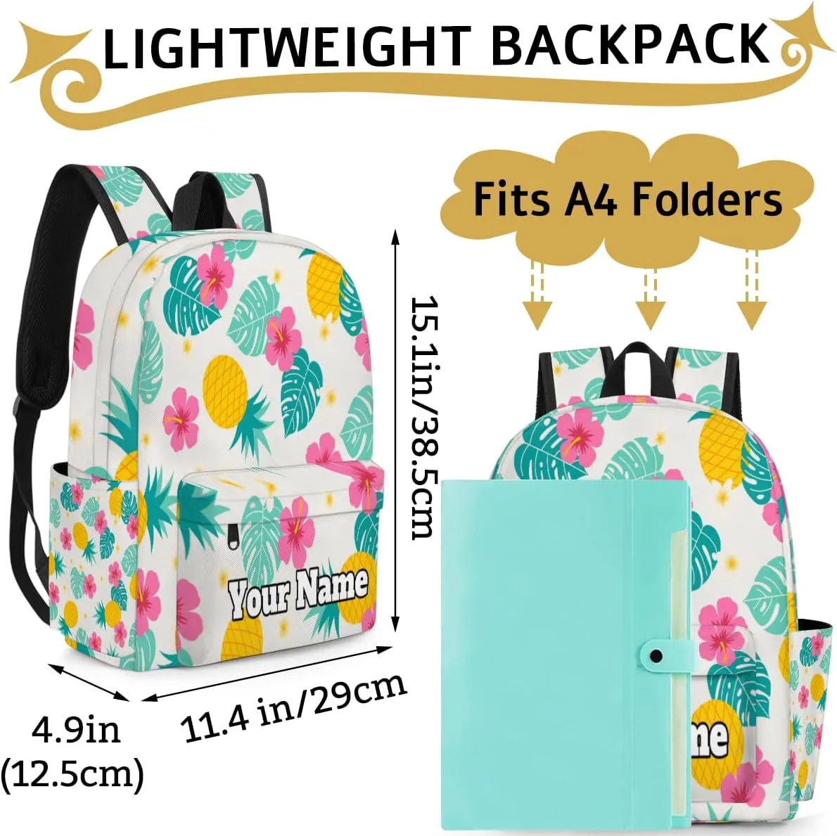 Personalized Tropical Pineapple Preschool Toddler Backpack for Boys Girls Custom Kids Name Small Bookbags Kindergarten Elementary Backpack, Flowers Fruits