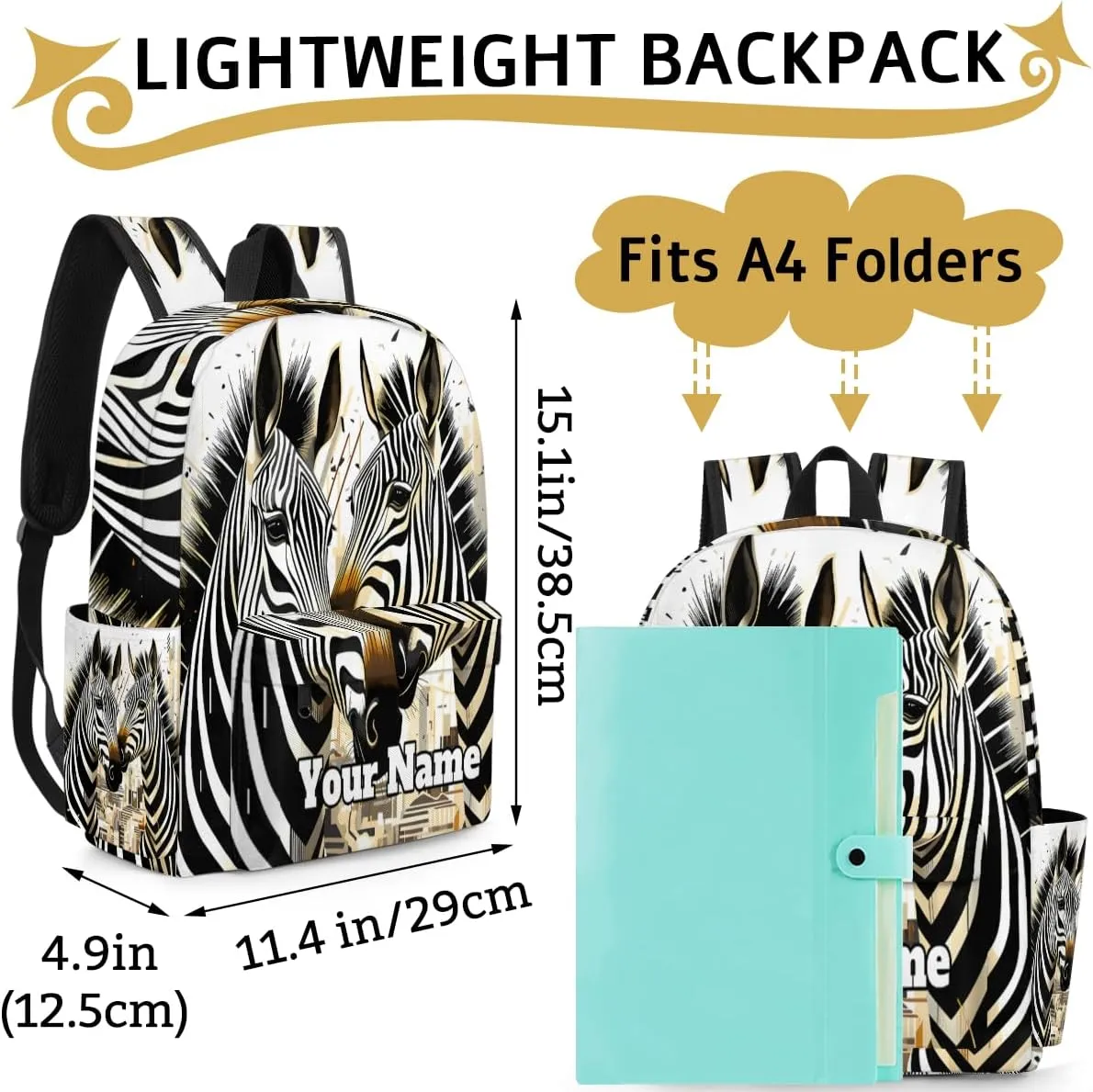Personalized Zebra Preschool Toddler Backpack for Boys Girls Custom Kids Name Small Bookbags Kindergarten Elementary Backpack, Animals