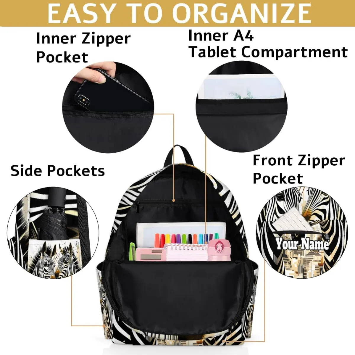 Personalized Zebra Preschool Toddler Backpack for Boys Girls Custom Kids Name Small Bookbags Kindergarten Elementary Backpack, Animals