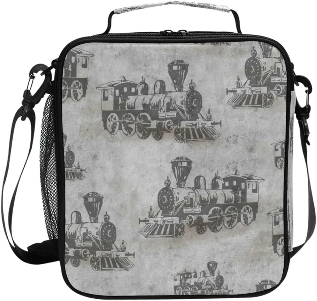 Pfrewn Vintage Locomotive Train Lunch Box for Kids Insulated Lunch Bag Reusable Cooler Meal Prep Bags Lunch Tote with Shoulder Strap for Boys Girls School Office Adult