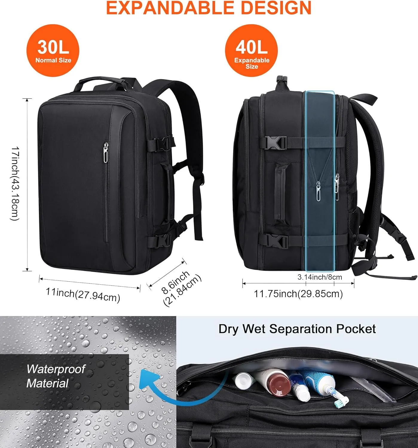 PIJUSHI Travel Backpack for Women Men Expandable Carry on Backpacks Flight Approved 40L 16 inch Laptop Bag with USB Port(PE034 Black)