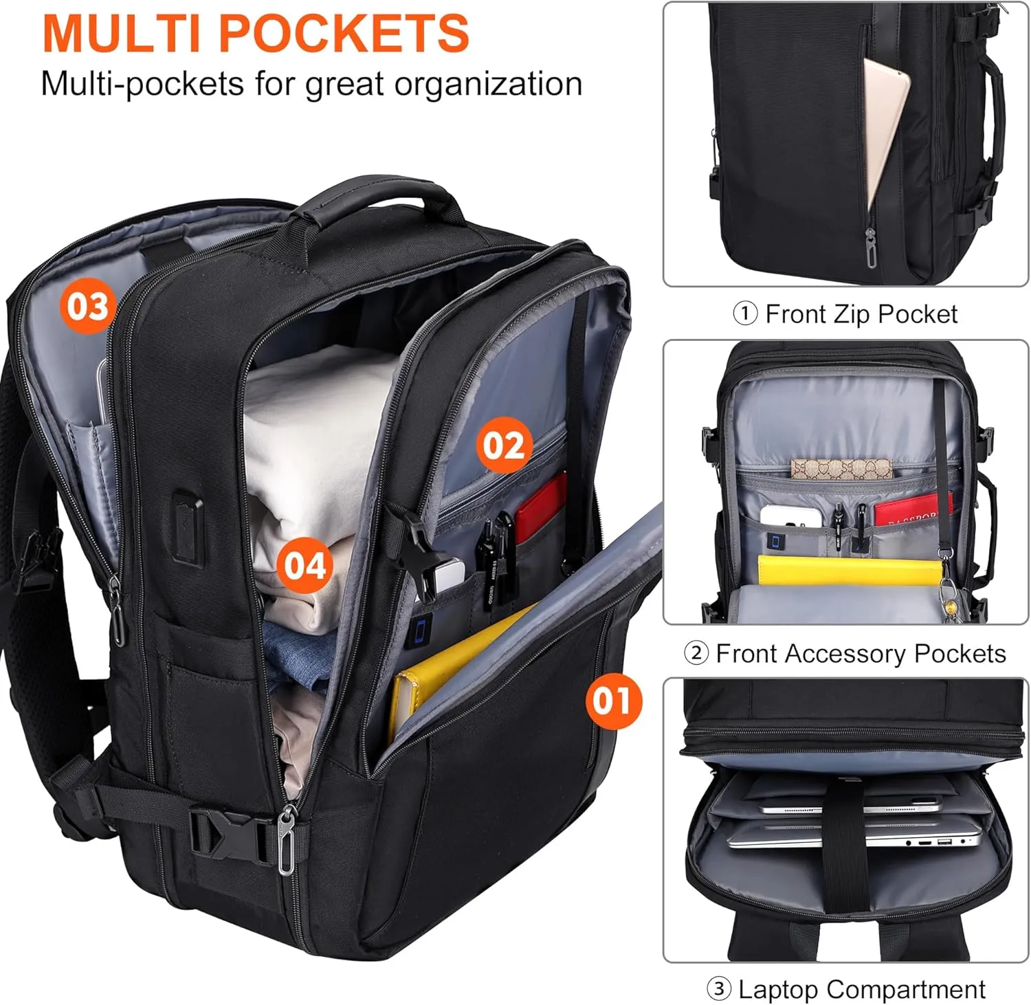PIJUSHI Travel Backpack for Women Men Expandable Carry on Backpacks Flight Approved 40L 16 inch Laptop Bag with USB Port(PE034 Black)