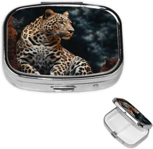 Pill Case with Mirror Retro 2 Compartment Pill Box A Leopard Sits Small Pill Organizer for Purse or Pocket Decorative Metal Medicine Vitamin Organizer Unique Gifts