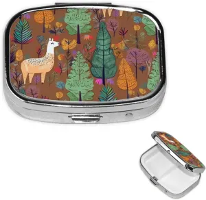 Pill Case with Mirror Retro 2 Compartment Pill Box Alpaca in The Forest Small Pill Organizer for Purse or Pocket Decorative Metal Medicine Vitamin Organizer Unique Gifts