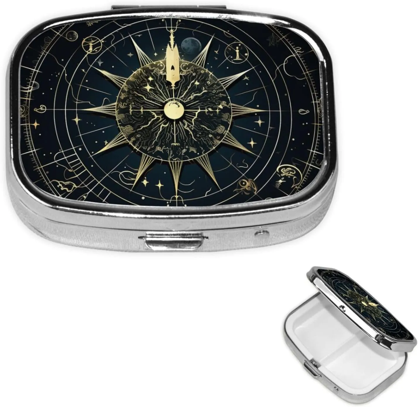 Pill Case with Mirror Retro 2 Compartment Pill Box Astrological Pattern Small Pill Organizer for Purse or Pocket Decorative Metal Medicine Vitamin Organizer Unique Gifts