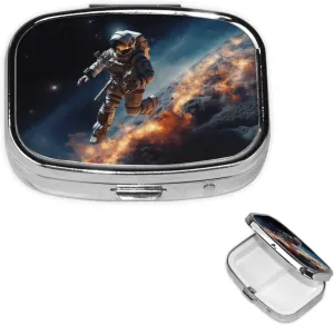 Pill Case with Mirror Retro 2 Compartment Pill Box Astronaut Flying in Space Small Pill Organizer for Purse or Pocket Decorative Metal Medicine Vitamin Organizer Unique Gifts