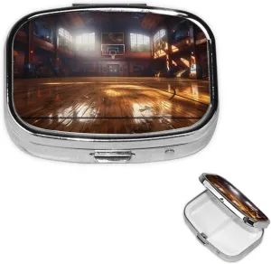 Pill Case with Mirror Retro 2 Compartment Pill Box Basketball Court Small Pill Organizer for Purse or Pocket Decorative Metal Medicine Vitamin Organizer Unique Gifts