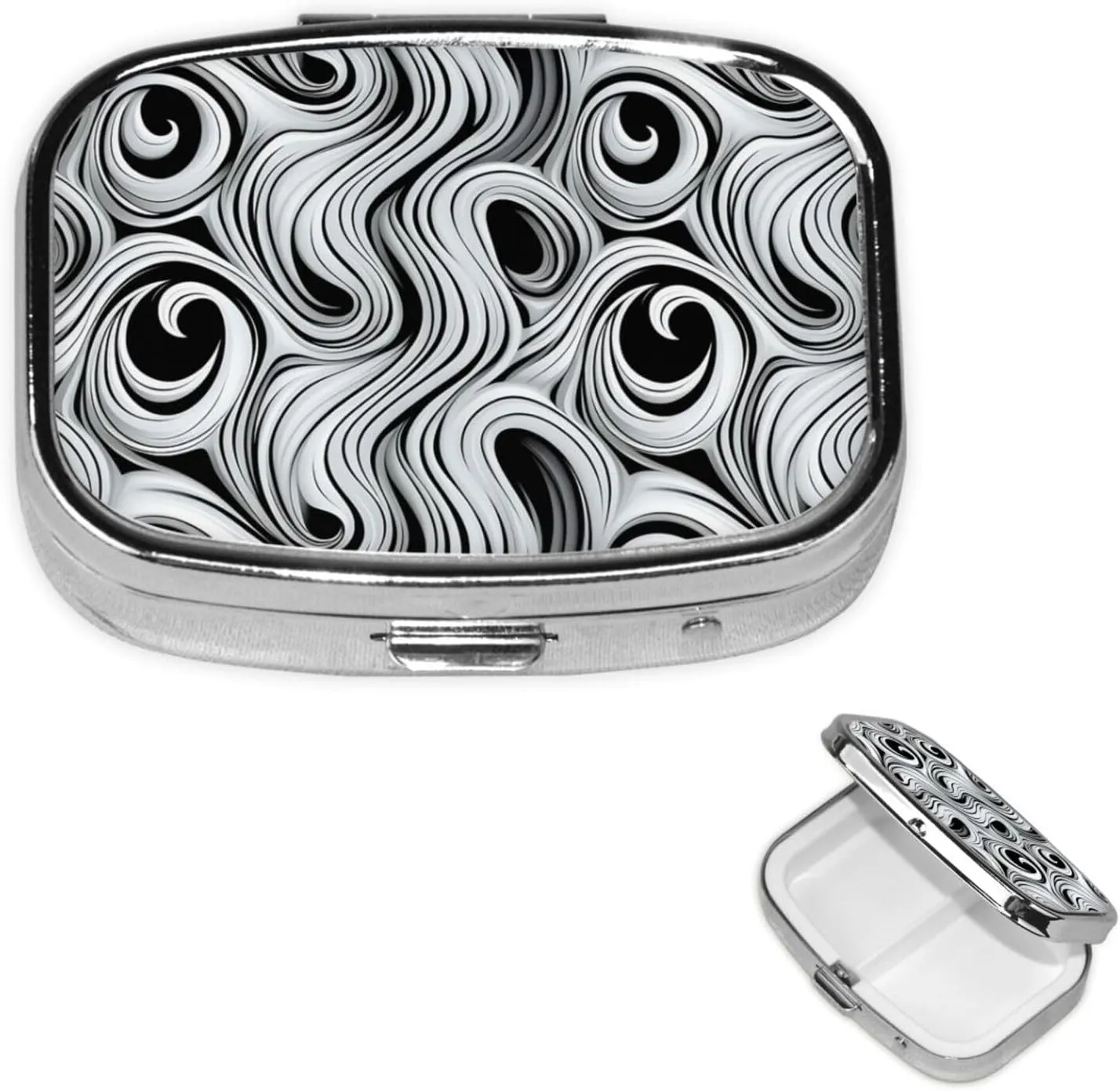 Pill Case with Mirror Retro 2 Compartment Pill Box Black and White Swirl Small Pill Organizer for Purse or Pocket Decorative Metal Medicine Vitamin Organizer Unique Gifts