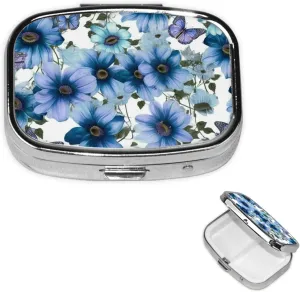 Pill Case with Mirror Retro 2 Compartment Pill Box Blooming Blue Daisy Small Pill Organizer for Purse or Pocket Decorative Metal Medicine Vitamin Organizer Unique Gifts