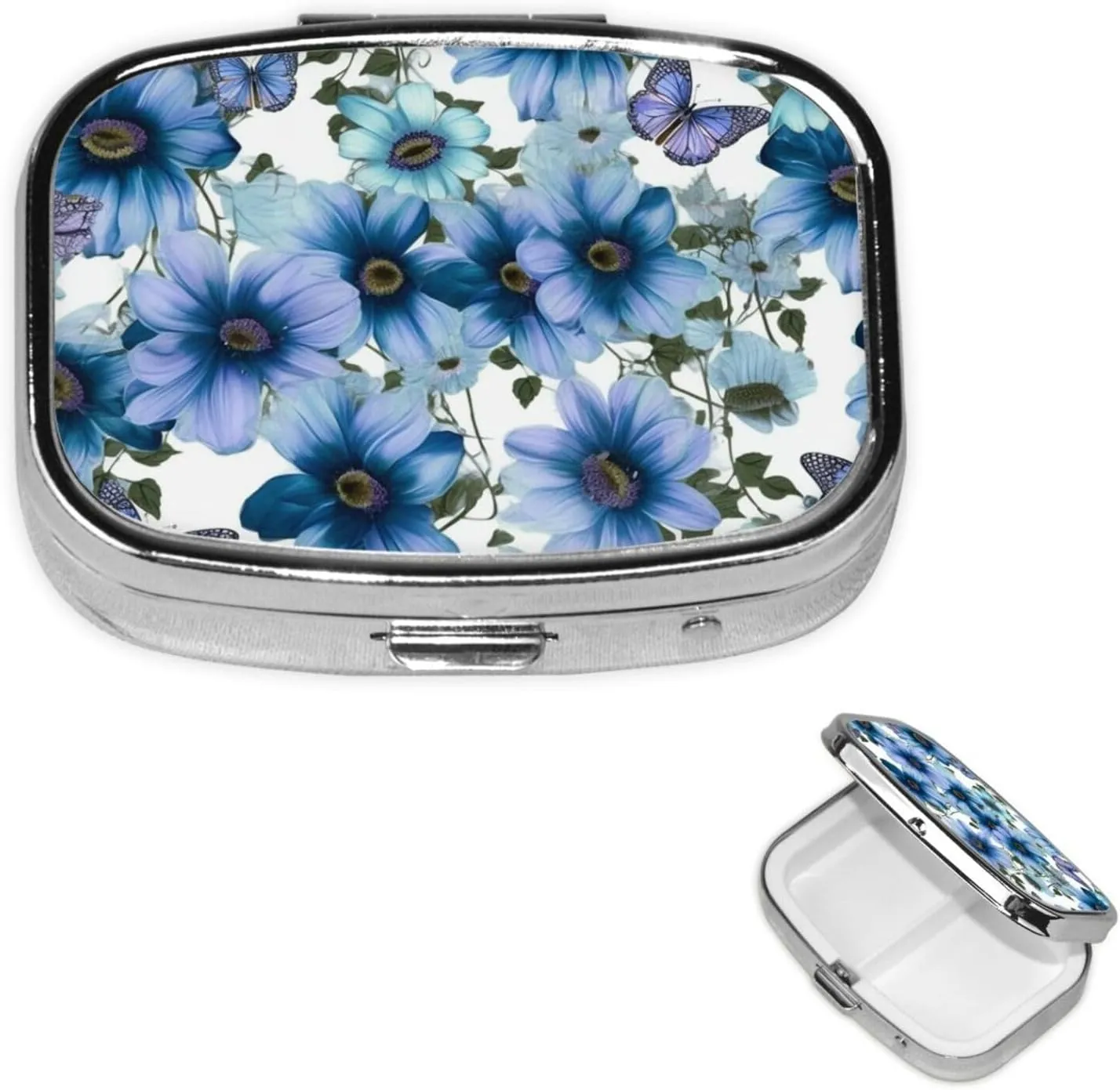 Pill Case with Mirror Retro 2 Compartment Pill Box Blooming Blue Daisy Small Pill Organizer for Purse or Pocket Decorative Metal Medicine Vitamin Organizer Unique Gifts