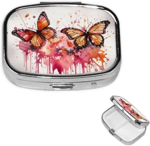 Pill Case with Mirror Retro 2 Compartment Pill Box Butterfly drip Spray Watercolor Small Pill Organizer for Purse or Pocket Decorative Metal Medicine Vitamin Organizer Unique Gifts