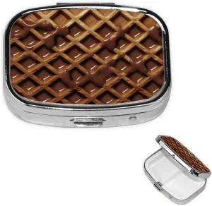 Pill Case with Mirror Retro 2 Compartment Pill Box Chocolate Waffles Small Pill Organizer for Purse or Pocket Decorative Metal Medicine Vitamin Organizer Unique Gifts