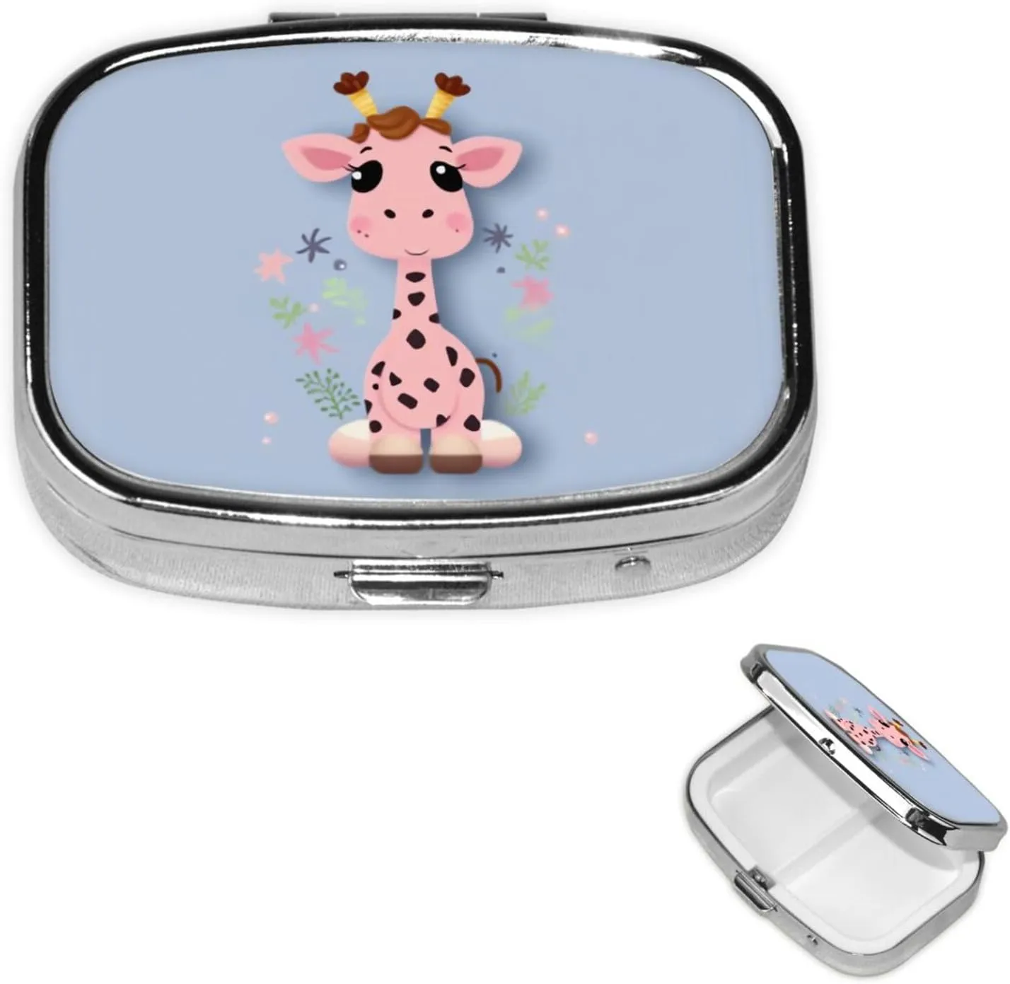 Pill Case with Mirror Retro 2 Compartment Pill Box Cute Pink Giraffe Small Pill Organizer for Purse or Pocket Decorative Metal Medicine Vitamin Organizer Unique Gifts
