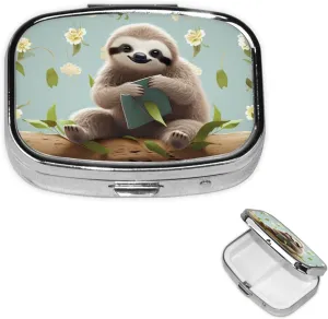 Pill Case with Mirror Retro 2 Compartment Pill Box Cute Sloths Small Pill Organizer for Purse or Pocket Decorative Metal Medicine Vitamin Organizer Unique Gifts