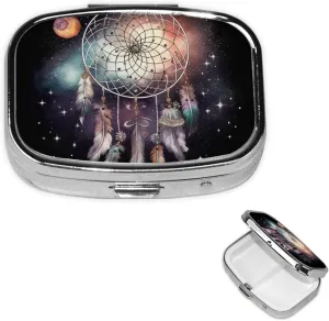Pill Case with Mirror Retro 2 Compartment Pill Box Dream Catcher and Stars Small Pill Organizer for Purse or Pocket Decorative Metal Medicine Vitamin Organizer Unique Gifts