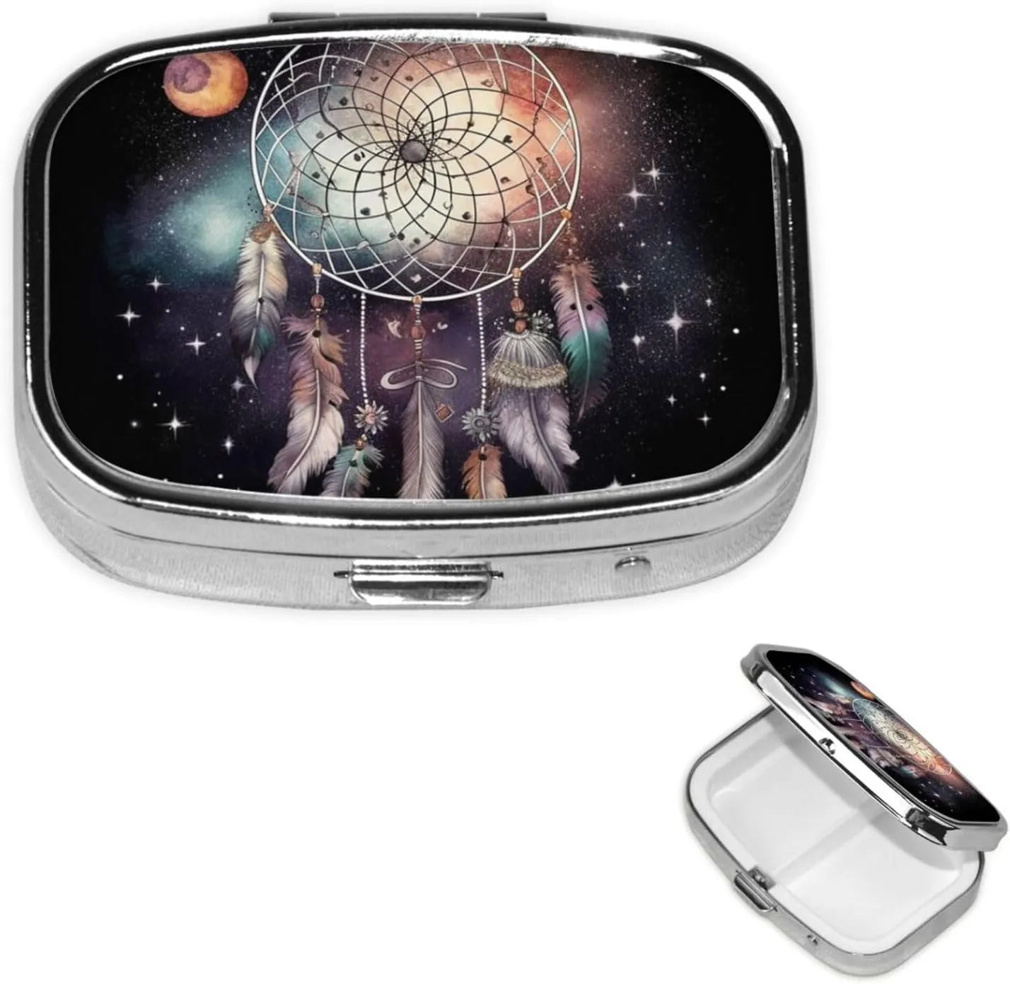 Pill Case with Mirror Retro 2 Compartment Pill Box Dream Catcher and Stars Small Pill Organizer for Purse or Pocket Decorative Metal Medicine Vitamin Organizer Unique Gifts