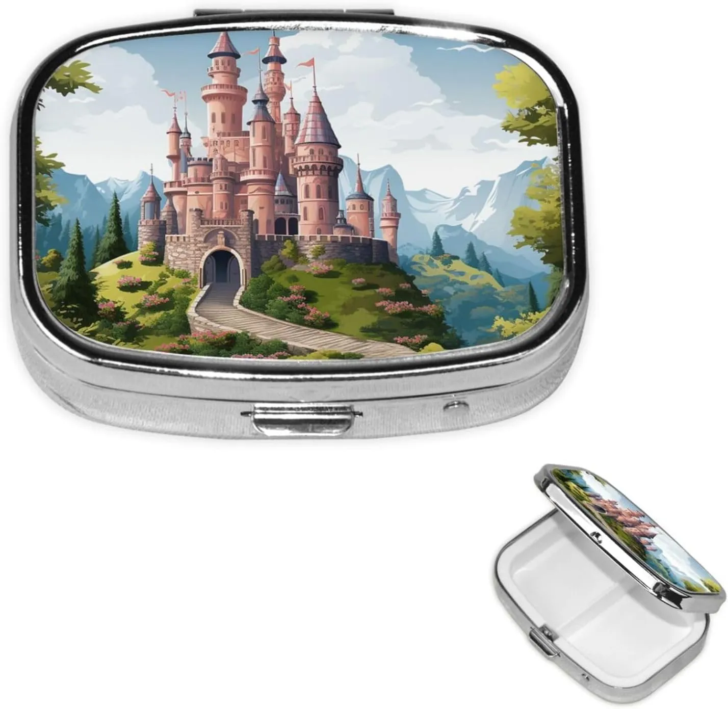 Pill Case with Mirror Retro 2 Compartment Pill Box Fairy Tale Castle Small Pill Organizer for Purse or Pocket Decorative Metal Medicine Vitamin Organizer Unique Gifts