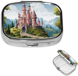 Pill Case with Mirror Retro 2 Compartment Pill Box Fairy Tale Castle Small Pill Organizer for Purse or Pocket Decorative Metal Medicine Vitamin Organizer Unique Gifts