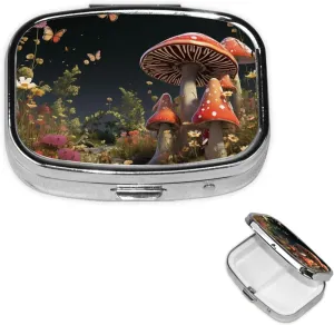 Pill Case with Mirror Retro 2 Compartment Pill Box Fairy Tale Style Mushrooms Small Pill Organizer for Purse or Pocket Decorative Metal Medicine Vitamin Organizer Unique Gifts