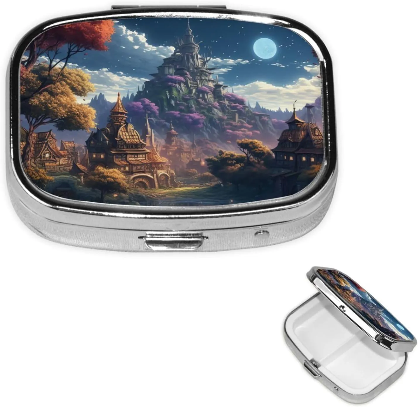 Pill Case with Mirror Retro 2 Compartment Pill Box Fantasy Town Small Pill Organizer for Purse or Pocket Decorative Metal Medicine Vitamin Organizer Unique Gifts