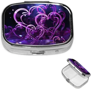 Pill Case with Mirror Retro 2 Compartment Pill Box Fashional Purple Hearts Small Pill Organizer for Purse or Pocket Decorative Metal Medicine Vitamin Organizer Unique Gifts