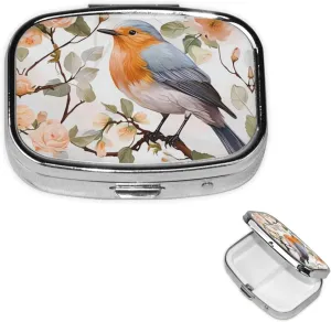 Pill Case with Mirror Retro 2 Compartment Pill Box Floral Print Watercolor Robin Bird Small Pill Organizer for Purse or Pocket Decorative Metal Medicine Vitamin Organizer Unique Gifts