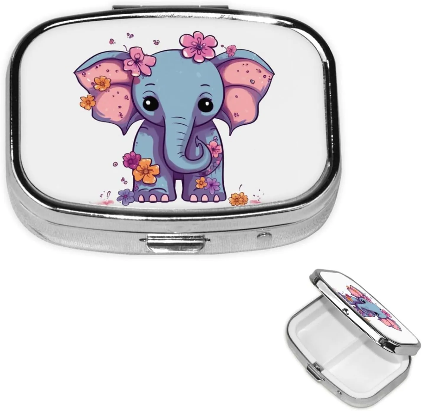 Pill Case with Mirror Retro 2 Compartment Pill Box Flower Cartoon Elephant Small Pill Organizer for Purse or Pocket Decorative Metal Medicine Vitamin Organizer Unique Gifts