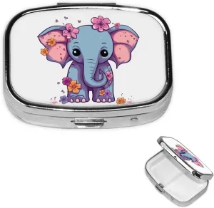 Pill Case with Mirror Retro 2 Compartment Pill Box Flower Cartoon Elephant Small Pill Organizer for Purse or Pocket Decorative Metal Medicine Vitamin Organizer Unique Gifts