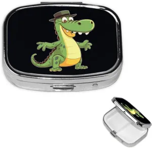Pill Case with Mirror Retro 2 Compartment Pill Box Funny Crocodile Cartoon Small Pill Organizer for Purse or Pocket Decorative Metal Medicine Vitamin Organizer Unique Gifts