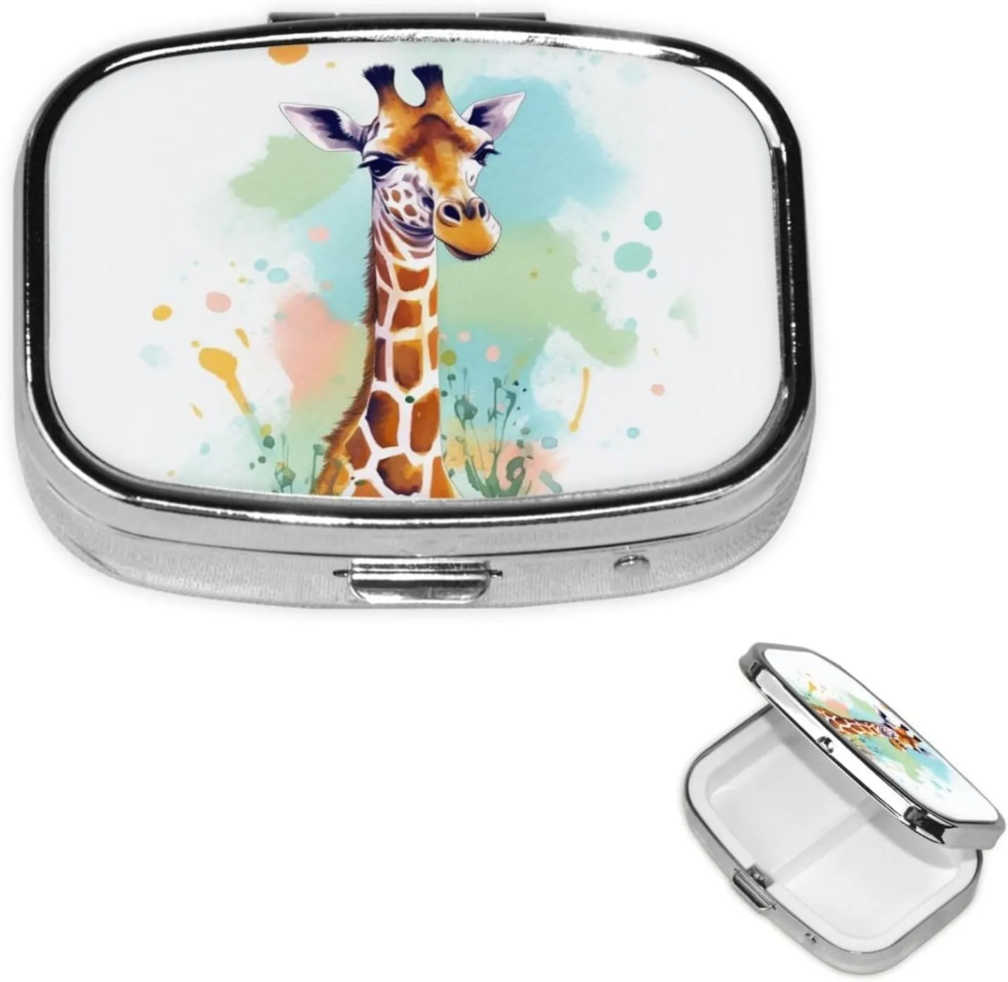 Pill Case with Mirror Retro 2 Compartment Pill Box Giraffe Art Illustration Small Pill Organizer for Purse or Pocket Decorative Metal Medicine Vitamin Organizer Unique Gifts