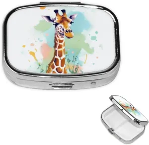 Pill Case with Mirror Retro 2 Compartment Pill Box Giraffe Art Illustration Small Pill Organizer for Purse or Pocket Decorative Metal Medicine Vitamin Organizer Unique Gifts