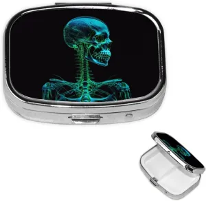 Pill Case with Mirror Retro 2 Compartment Pill Box Green Skeleton Small Pill Organizer for Purse or Pocket Decorative Metal Medicine Vitamin Organizer Unique Gifts