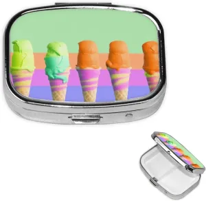 Pill Case with Mirror Retro 2 Compartment Pill Box Ice Cream Rainbow Gradient Small Pill Organizer for Purse or Pocket Decorative Metal Medicine Vitamin Organizer Unique Gifts