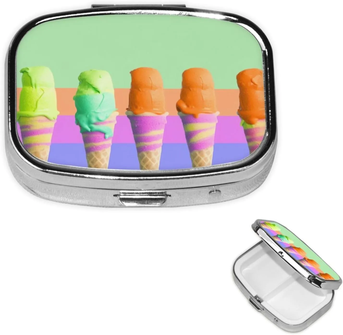 Pill Case with Mirror Retro 2 Compartment Pill Box Ice Cream Rainbow Gradient Small Pill Organizer for Purse or Pocket Decorative Metal Medicine Vitamin Organizer Unique Gifts