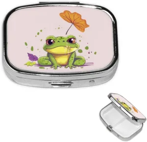 Pill Case with Mirror Retro 2 Compartment Pill Box Leaves and Frog Small Pill Organizer for Purse or Pocket Decorative Metal Medicine Vitamin Organizer Unique Gifts