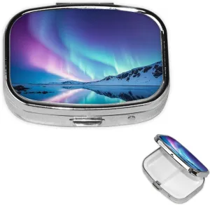 Pill Case with Mirror Retro 2 Compartment Pill Box Northern Lights Small Pill Organizer for Purse or Pocket Decorative Metal Medicine Vitamin Organizer Unique Gifts