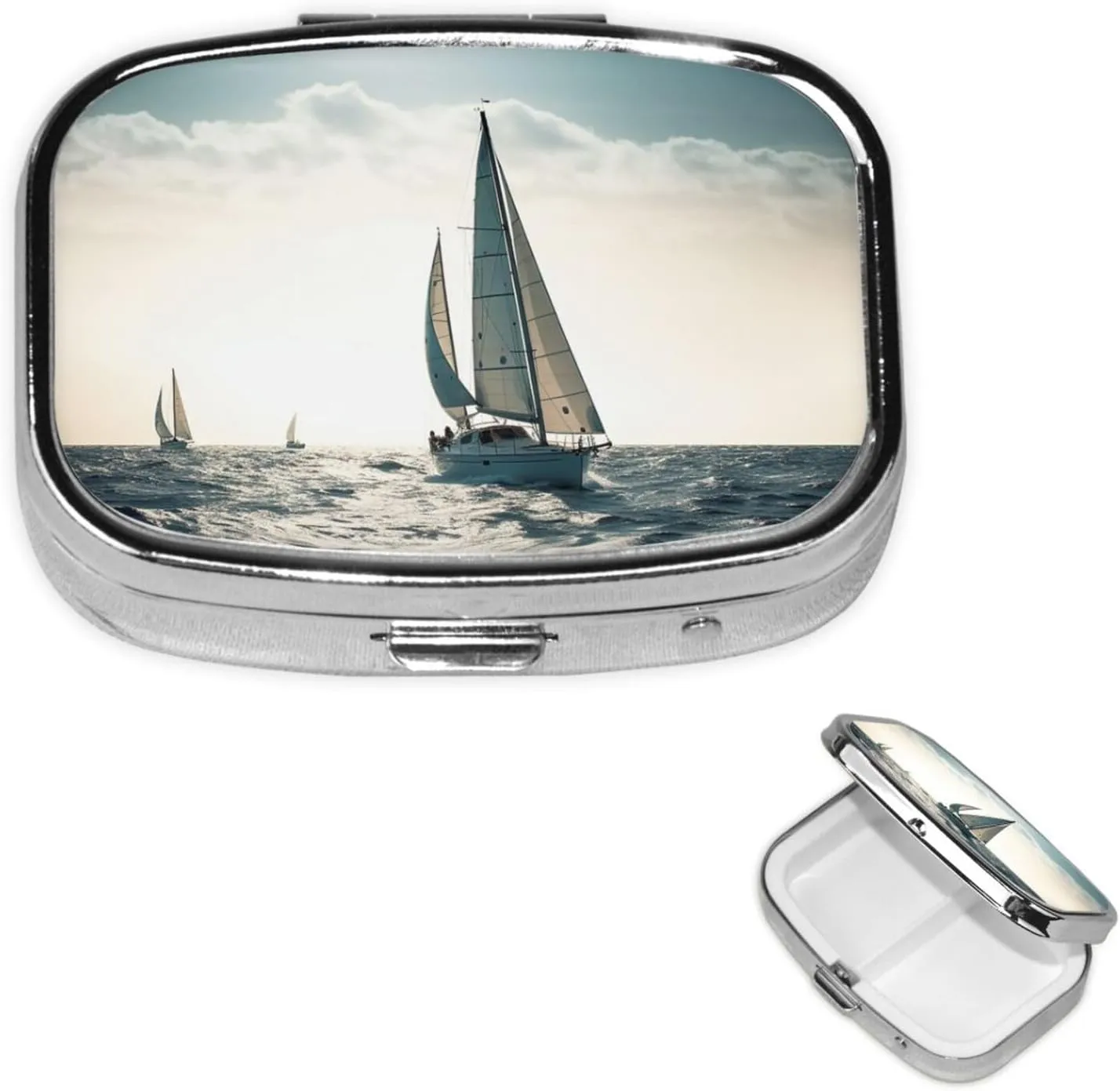 Pill Case with Mirror Retro 2 Compartment Pill Box Ocean Sailing Small Pill Organizer for Purse or Pocket Decorative Metal Medicine Vitamin Organizer Unique Gifts