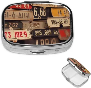 Pill Case with Mirror Retro 2 Compartment Pill Box Old License Plate Small Pill Organizer for Purse or Pocket Decorative Metal Medicine Vitamin Organizer Unique Gifts