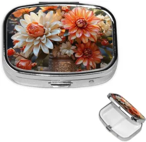 Pill Case with Mirror Retro 2 Compartment Pill Box Orange Flowers Small Pill Organizer for Purse or Pocket Decorative Metal Medicine Vitamin Organizer Unique Gifts