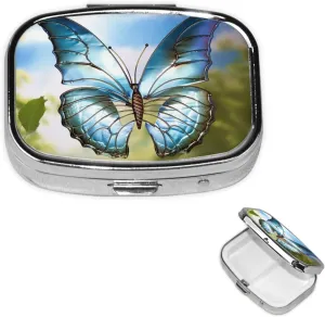 Pill Case with Mirror Retro 2 Compartment Pill Box Personalized Beauty Butterfly Small Pill Organizer for Purse or Pocket Decorative Metal Medicine Vitamin Organizer Unique Gifts