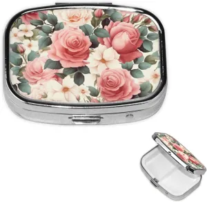 Pill Case with Mirror Retro 2 Compartment Pill Box Pink Rose Floral Small Pill Organizer for Purse or Pocket Decorative Metal Medicine Vitamin Organizer Unique Gifts