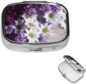Pill Case with Mirror Retro 2 Compartment Pill Box Purple White Flowers Small Pill Organizer for Purse or Pocket Decorative Metal Medicine Vitamin Organizer Unique Gifts