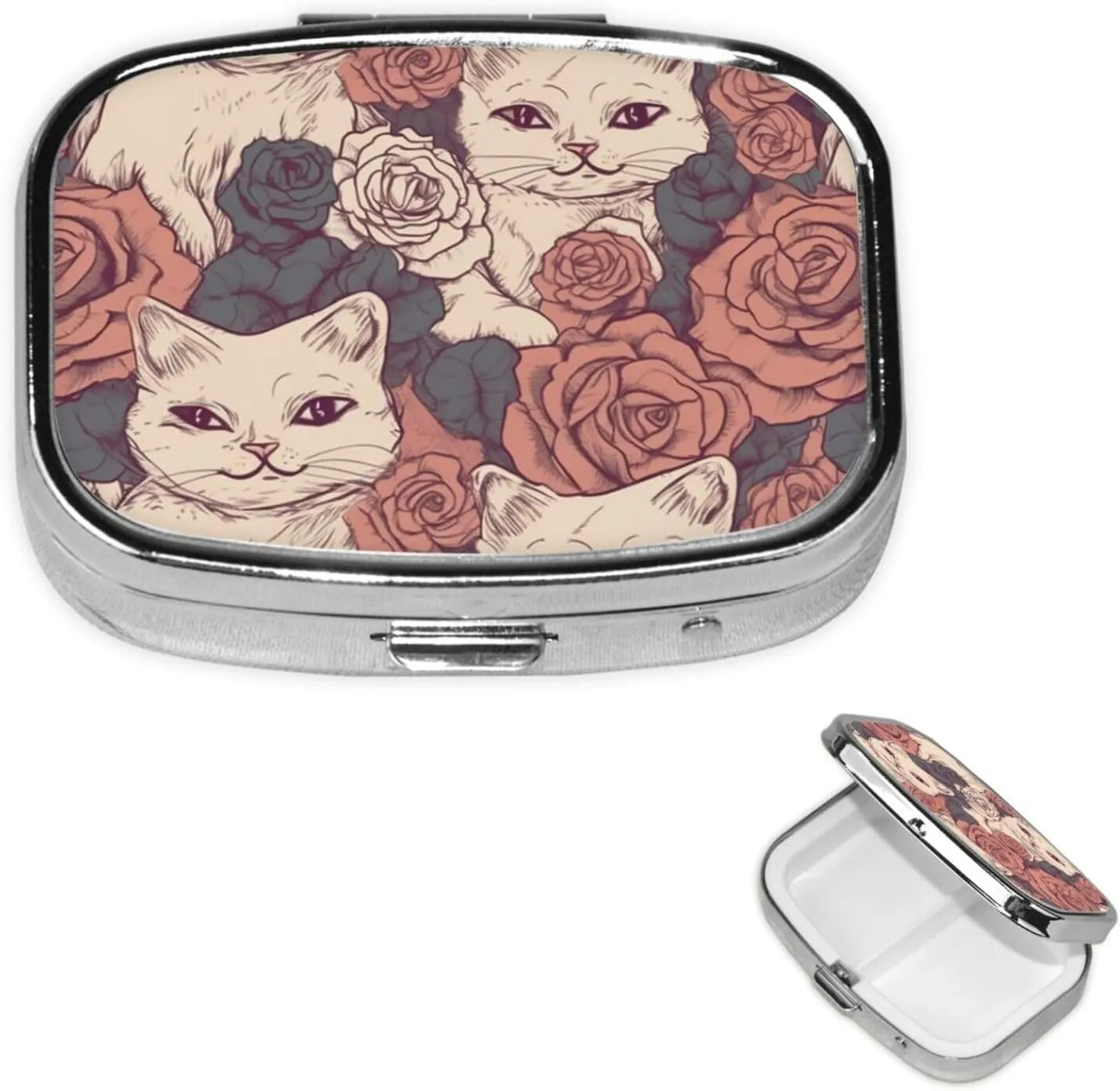 Pill Case with Mirror Retro 2 Compartment Pill Box Rose Cat Small Pill Organizer for Purse or Pocket Decorative Metal Medicine Vitamin Organizer Unique Gifts
