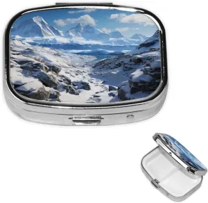 Pill Case with Mirror Retro 2 Compartment Pill Box Spectacular Snowy Mountains Small Pill Organizer for Purse or Pocket Decorative Metal Medicine Vitamin Organizer Unique Gifts
