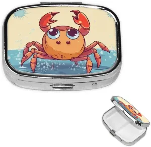 Pill Case with Mirror Retro 2 Compartment Pill Box Summer Cartoon Crab Small Pill Organizer for Purse or Pocket Decorative Metal Medicine Vitamin Organizer Unique Gifts