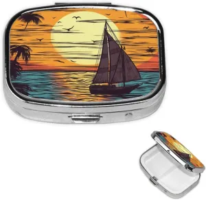 Pill Case with Mirror Retro 2 Compartment Pill Box Sunset and Sailboat Small Pill Organizer for Purse or Pocket Decorative Metal Medicine Vitamin Organizer Unique Gifts