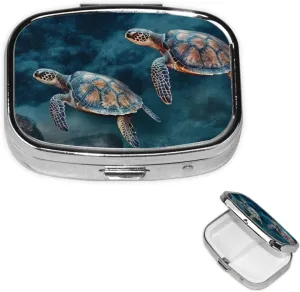 Pill Case with Mirror Retro 2 Compartment Pill Box Turtle Swimming in The sea Small Pill Organizer for Purse or Pocket Decorative Metal Medicine Vitamin Organizer Unique Gifts