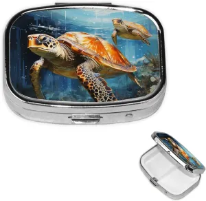 Pill Case with Mirror Retro 2 Compartment Pill Box Turtle Swimming in The sea Small Pill Organizer for Purse or Pocket Decorative Metal Medicine Vitamin Organizer Unique Gifts